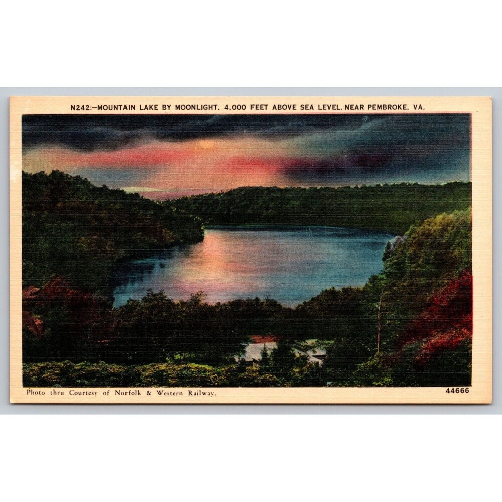 Vtg Linen Postcard Mountain Lake By Moonlight Pembroke VA Norfolk & Western RR